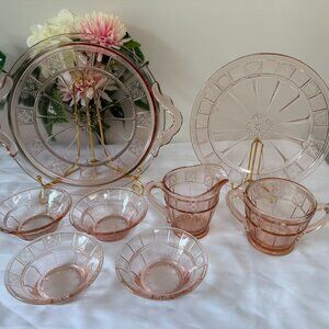 Jeannette Doric Pink Depression Glass Set Vintage Cream Sugar Bowls‎ Platter Set